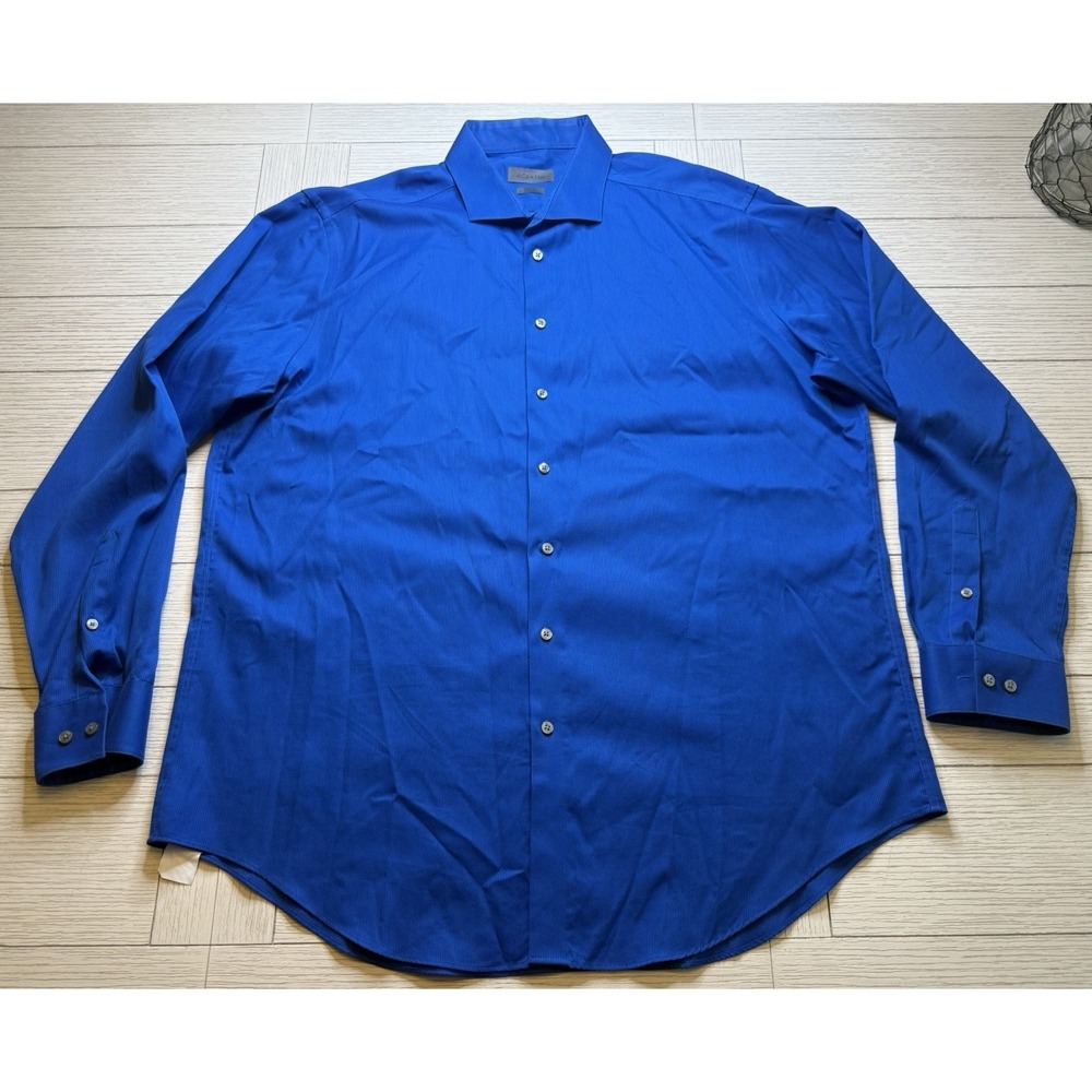 CALVIN KLEIN Blue Slim Fit 80s 2 Ply No Iron Button Down Dress Shirt 18/36-37 T